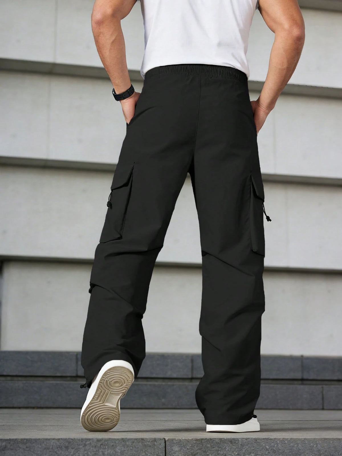 Elegant Seal 3Pcs Men Cargo Pants, Drawstring Elastic Waist, Multi Side Cargo Pockets, Loose Straight Leg, Lightweight Soft Fabric, Casual Daily Outdoor Trousers
