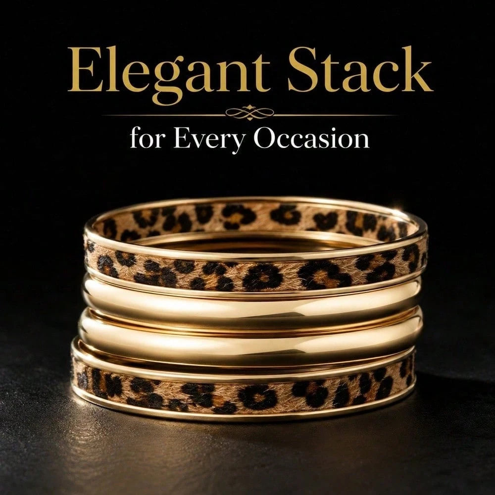 Elegant Stack For Every Occasion Gold Leopard Print Pattern Smooth Polished Finish Bangle Set Party Aesthetic Jewelry Women