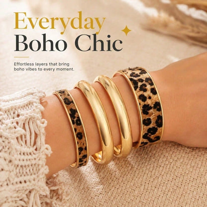 Elegant Stack For Every Occasion Gold Leopard Print Pattern Smooth Polished Finish Bangle Set Party Aesthetic Jewelry Women