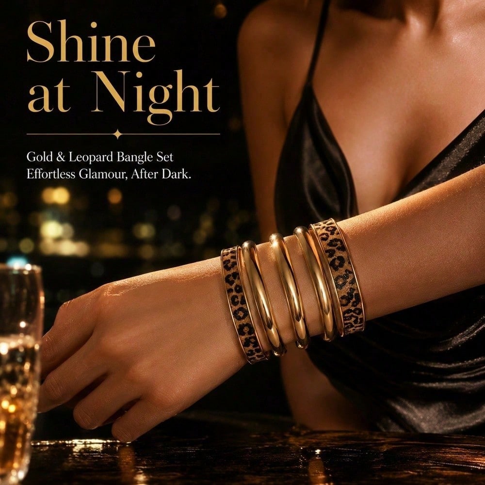 Elegant Stack For Every Occasion Gold Leopard Print Pattern Smooth Polished Finish Bangle Set Party Aesthetic Jewelry Women