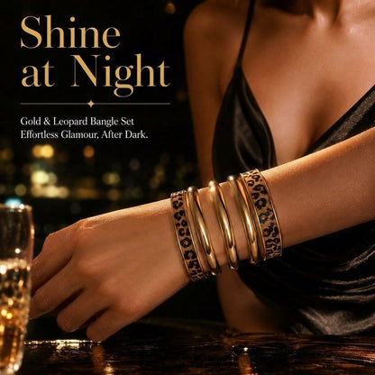 Elegant Stack For Every Occasion Gold Leopard Print Pattern Smooth Polished Finish Bangle Set Party Aesthetic Jewelry Women