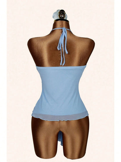 Elegant Summer Beach Vacation New Sexy Tight Leopard Print Strapless Halter Neck Top With Ribbons For Women