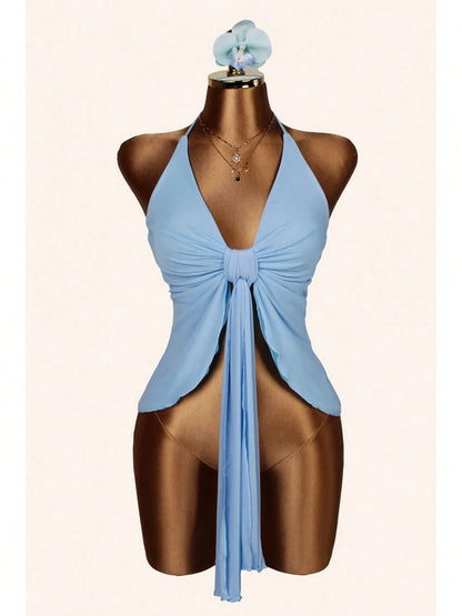 Elegant Summer Beach Vacation New Sexy Tight Leopard Print Strapless Halter Neck Top With Ribbons For Women