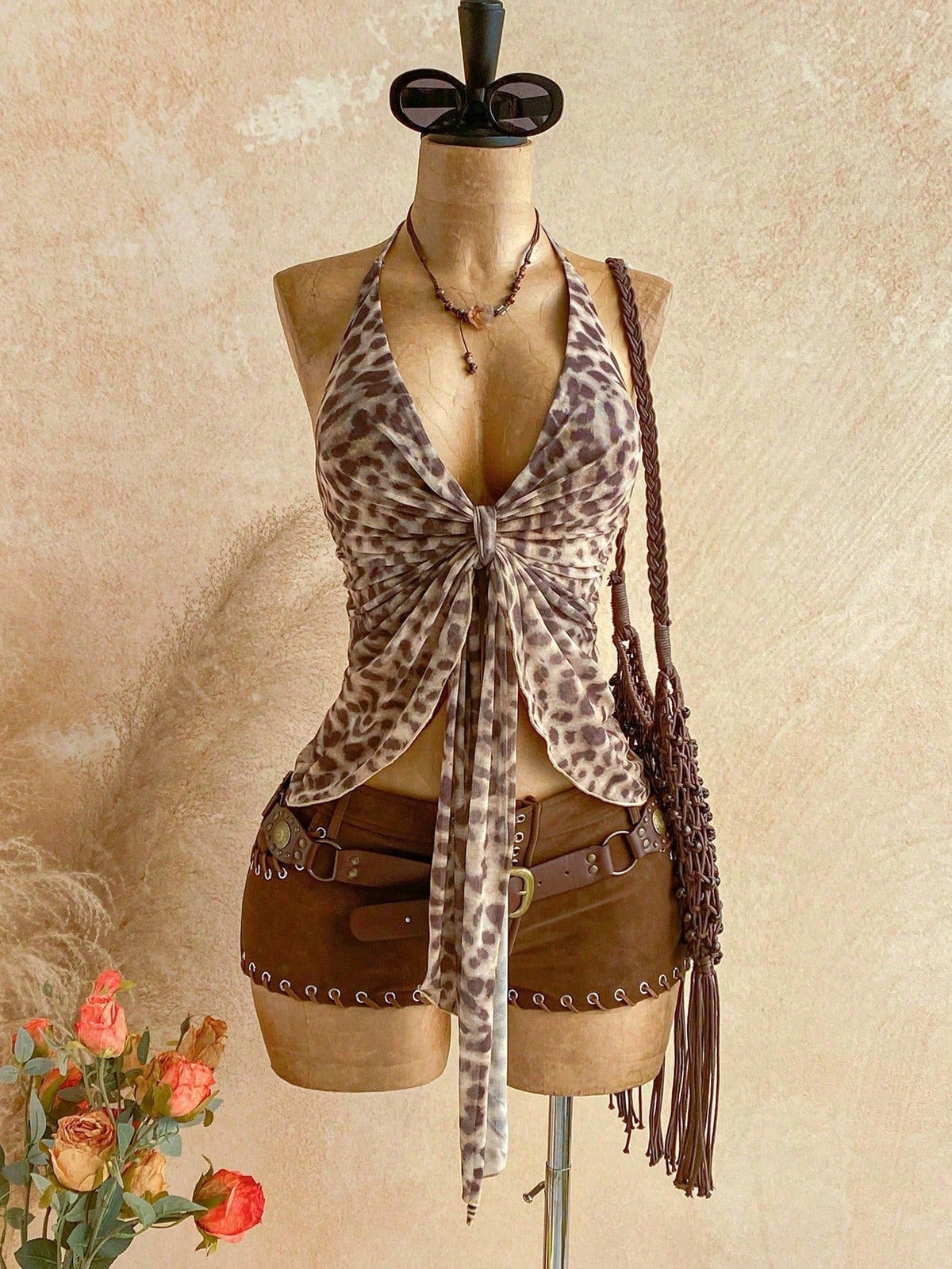 Elegant Summer Beach Vacation New Sexy Tight Leopard Print Strapless Halter Neck Top With Ribbons For Women