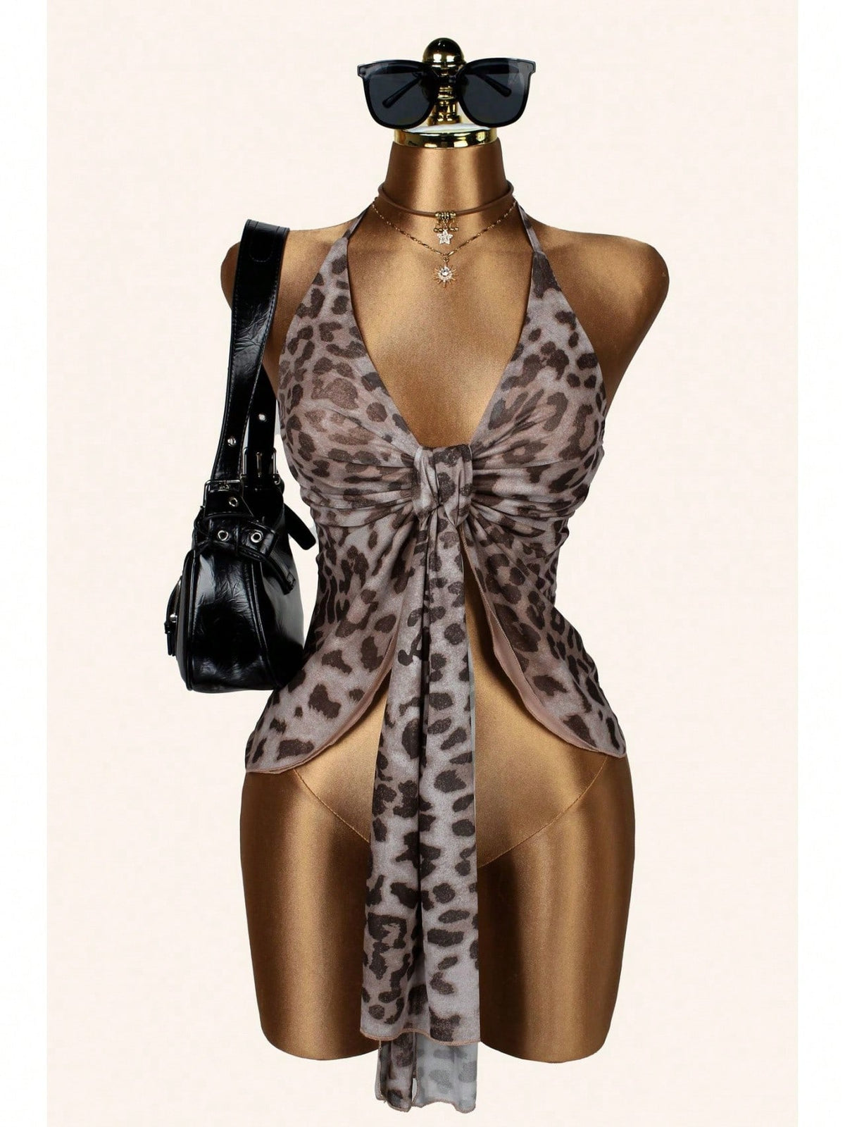 Elegant Summer Beach Vacation New Sexy Tight Leopard Print Strapless Halter Neck Top With Ribbons For Women