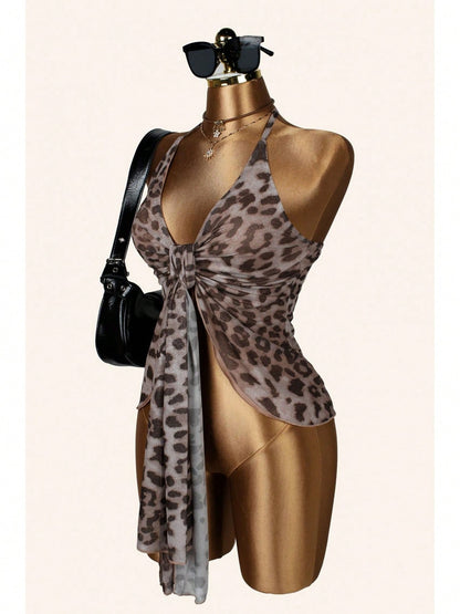Elegant Summer Beach Vacation New Sexy Tight Leopard Print Strapless Halter Neck Top With Ribbons For Women