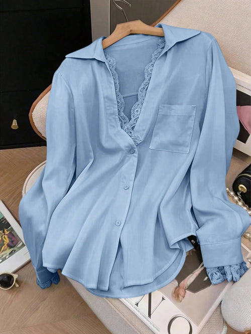 Elegant White Semi-Sheer Blouse, V-Neck Long Sleeve, Decorated With Delicate Contrast Lace Trim Spring