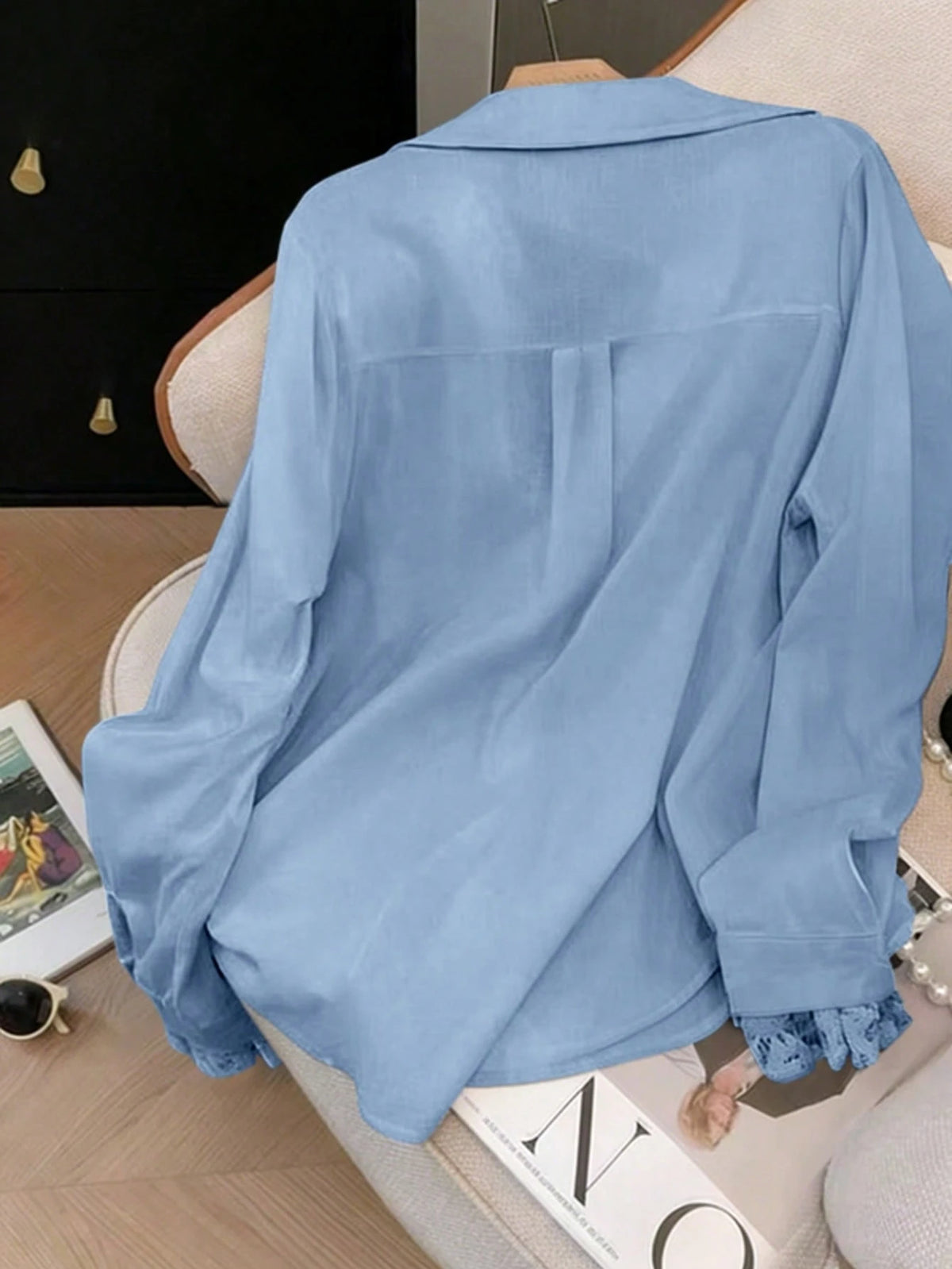 Elegant White Semi-Sheer Blouse, V-Neck Long Sleeve, Decorated With Delicate Contrast Lace Trim Spring
