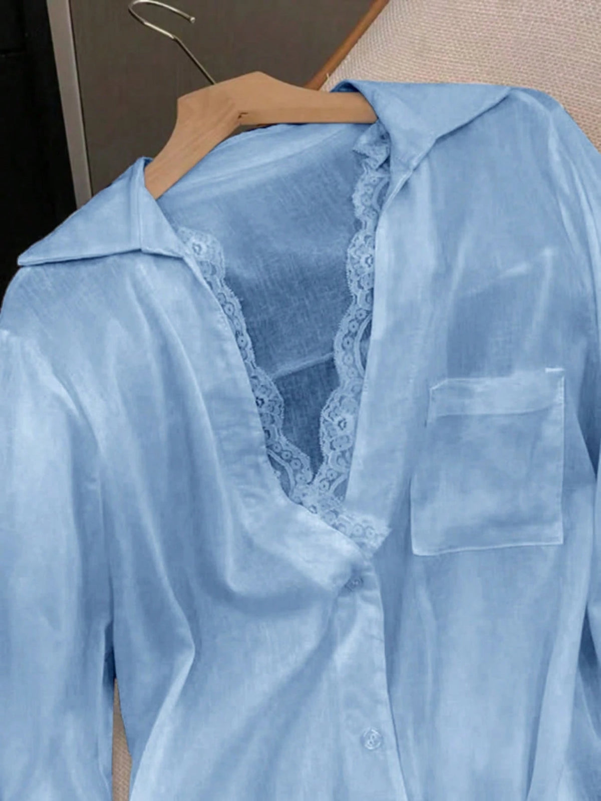 Elegant White Semi-Sheer Blouse, V-Neck Long Sleeve, Decorated With Delicate Contrast Lace Trim Spring