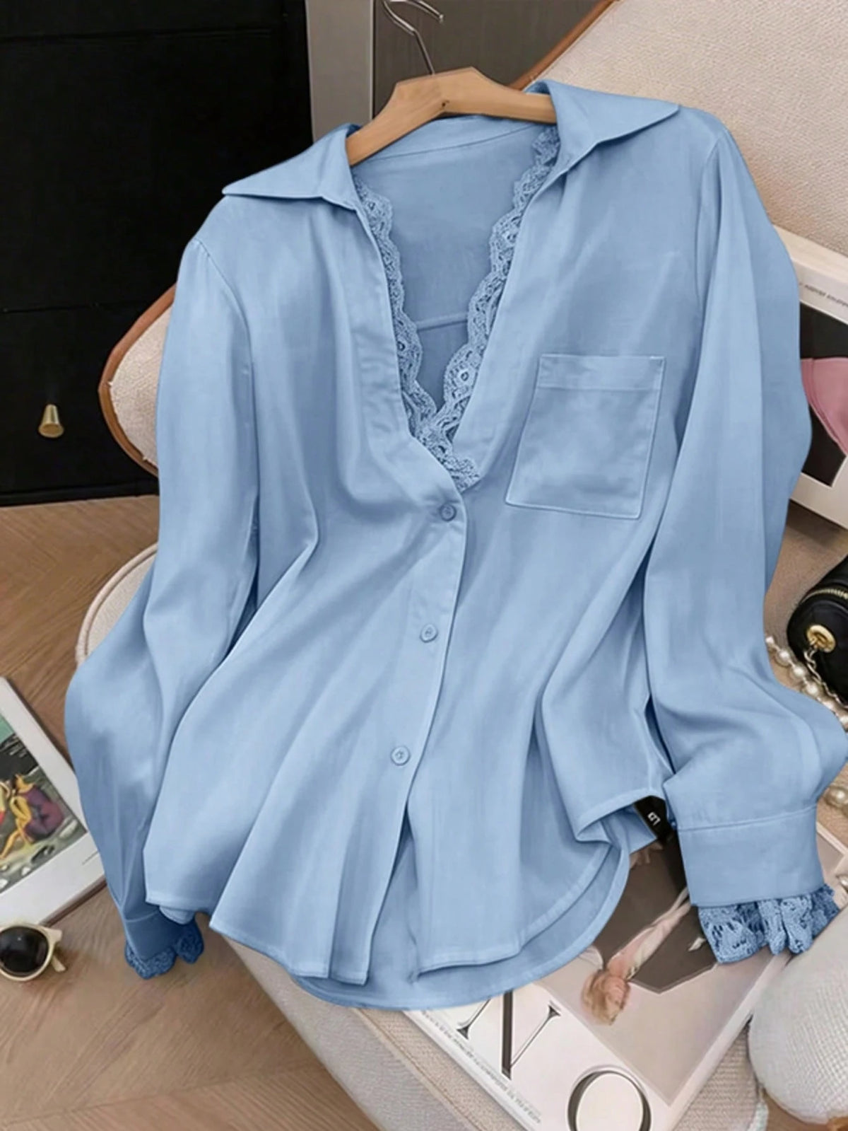 Elegant White Semi-Sheer Blouse, V-Neck Long Sleeve, Decorated With Delicate Contrast Lace Trim Spring
