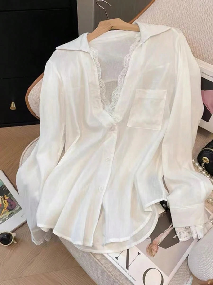 Elegant White Semi-Sheer Blouse, V-Neck Long Sleeve, Decorated With Delicate Contrast Lace Trim Spring