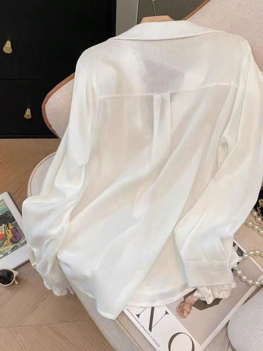 Elegant White Semi-Sheer Blouse, V-Neck Long Sleeve, Decorated With Delicate Contrast Lace Trim Spring