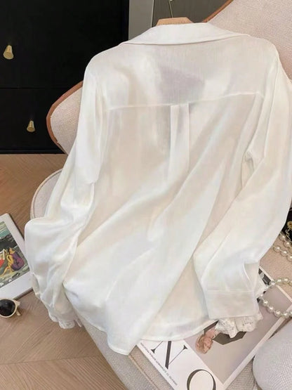 Elegant White Semi-Sheer Blouse, V-Neck Long Sleeve, Decorated With Delicate Contrast Lace Trim Spring