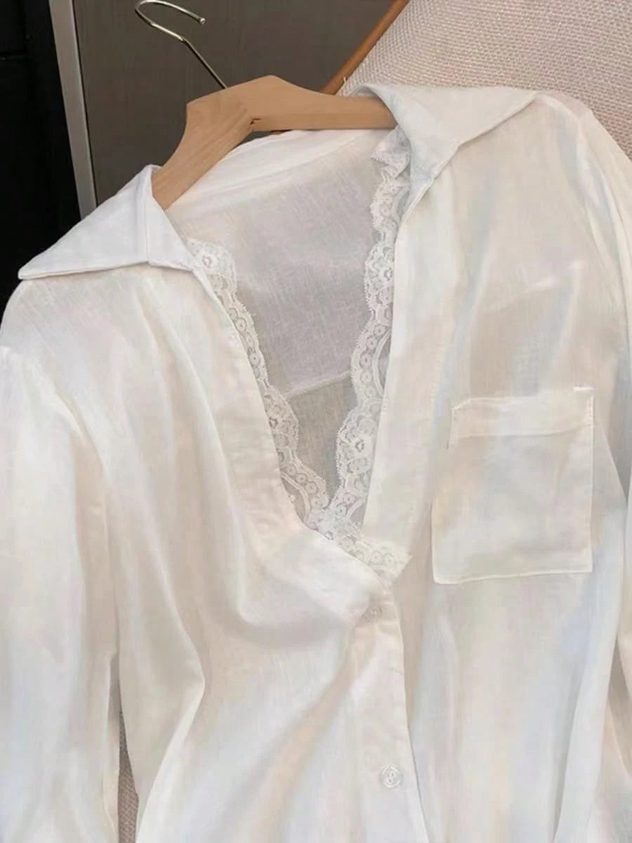 Elegant White Semi-Sheer Blouse, V-Neck Long Sleeve, Decorated With Delicate Contrast Lace Trim Spring