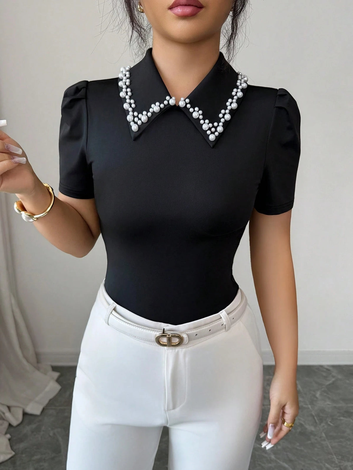 Elenzga Women's Elegant Black Summer Knit Top,Aniusta Office Wear Casual Blouse With Decorative Neckline,Versatile Business Casual Retro Style Gothic Top