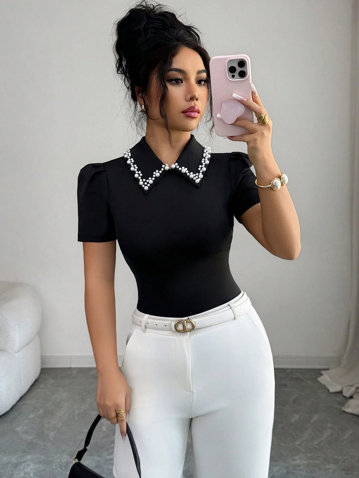 Elenzga Women's Elegant Black Summer Knit Top,Aniusta Office Wear Casual Blouse With Decorative Neckline,Versatile Business Casual Retro Style Gothic Top