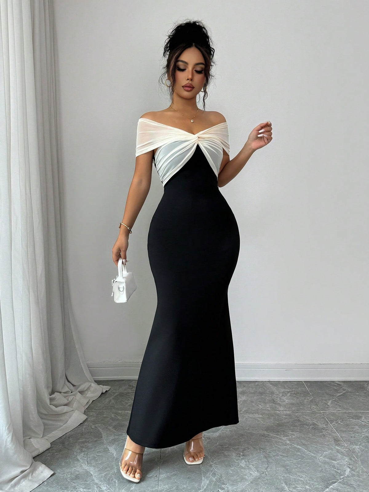 Elenzga Women's Summer New Off-Shoulder Mesh Patchwork Bodycon Mermaid Elegant Dress