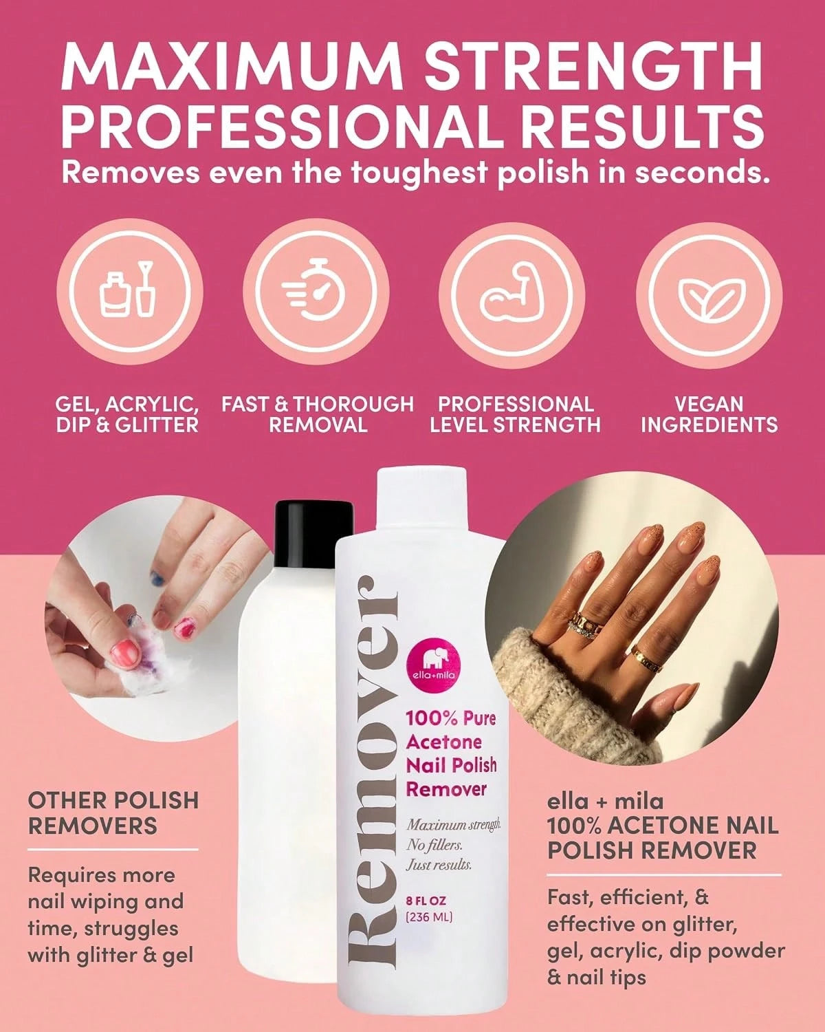 Ella+Mila 100% Pure Acetone Nail Polish Remover U2013 Professional Strength Gel, Acrylic &Amp; Shellac Remover U2013 Fingernail Polish Soak For Dip Powder, Glitter &Amp; Artificial Nails (8 Fl Oz)