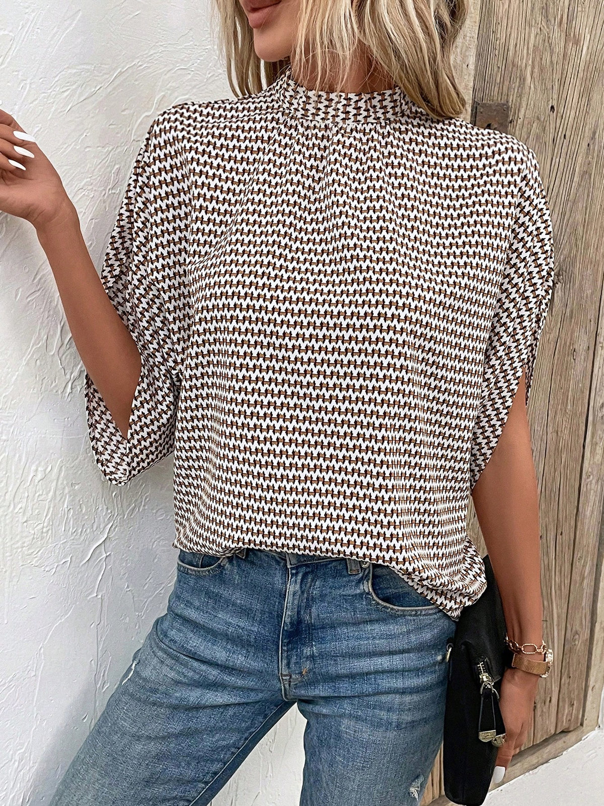 EMERY ROSE Allover Print Split Sleeve Mock Neck Blouse