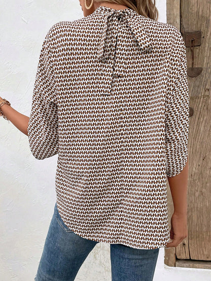 EMERY ROSE Allover Print Split Sleeve Mock Neck Blouse
