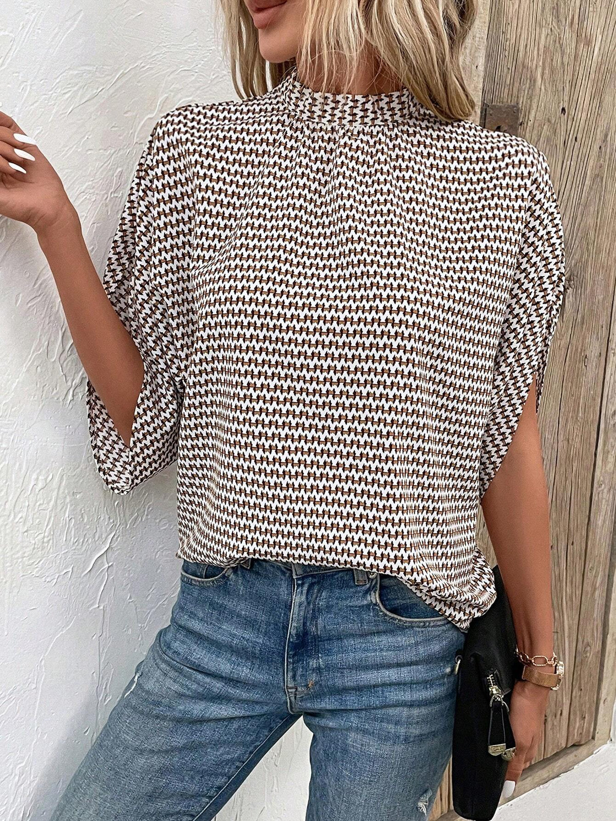EMERY ROSE Allover Print Split Sleeve Mock Neck Blouse