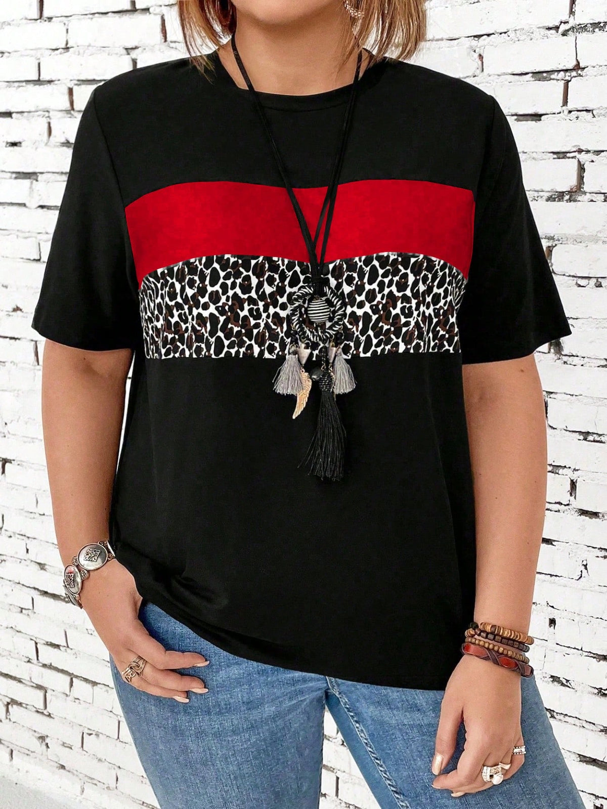 EMERY ROSE Plus Size Women's Leopard Print Splice Short Sleeve T-Shirt Graphic Cheetah Print Tees Women Tops