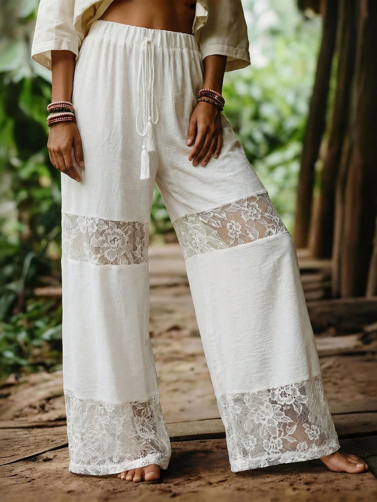 EMERY ROSE White Elastic Straight Leg Lace Patchwork Women Casual Pants