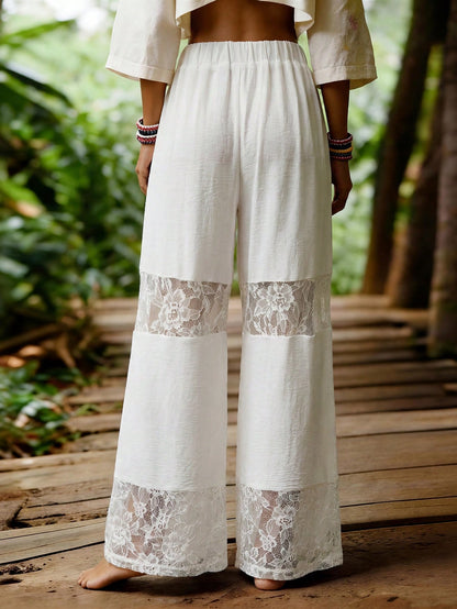 EMERY ROSE White Elastic Straight Leg Lace Patchwork Women Casual Pants