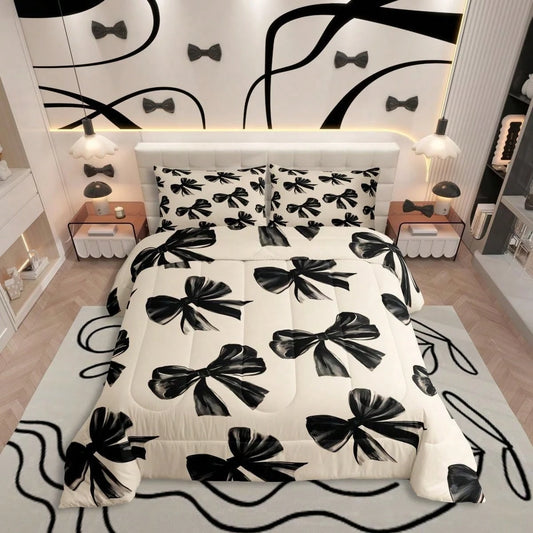 Erosebridal 2/3 Pcs Bow Bedding Set- Black Bow Tie Bedding Comforter Sets For Teen Adults Room Decor, Watercolor Bowknot Comforter Set, Soft Black White Simple Decor Bed Set- Birthday & Holiday Pres