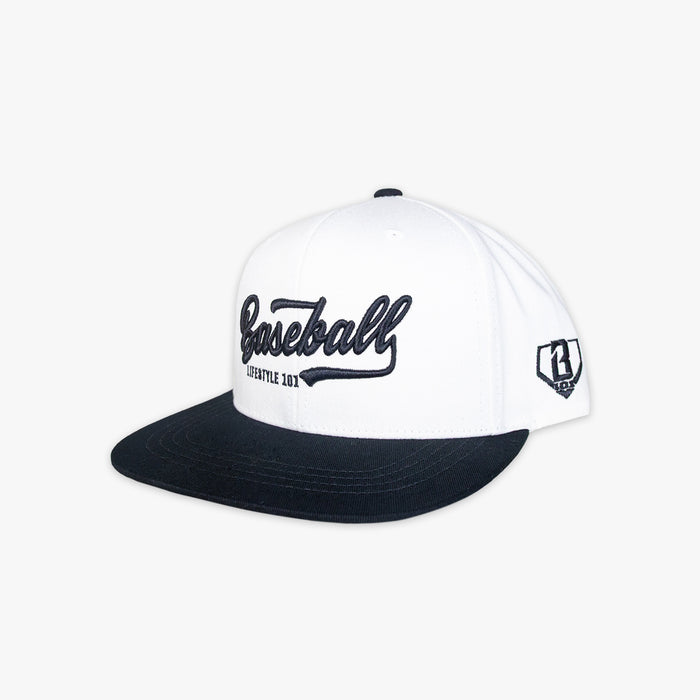 White and black baseball cap with 'Baseball Lifestyle' text on a white background