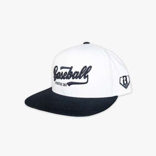 White and black baseball cap with 'Baseball Lifestyle' text on a white background