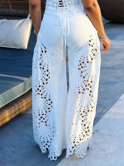 European And American Cross-Border Spring/Summer Versatile High-Waisted Lace Patchwork Flared Leg Pants, Pure White, Elegant