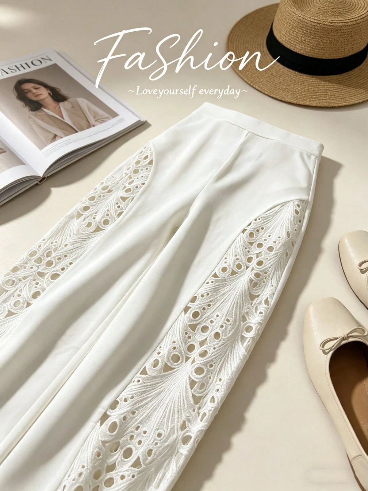 European And American Cross-Border Spring/Summer Versatile High-Waisted Lace Patchwork Flared Leg Pants, Pure White, Elegant