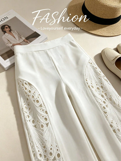 European And American Cross-Border Spring/Summer Versatile High-Waisted Lace Patchwork Flared Leg Pants, Pure White, Elegant