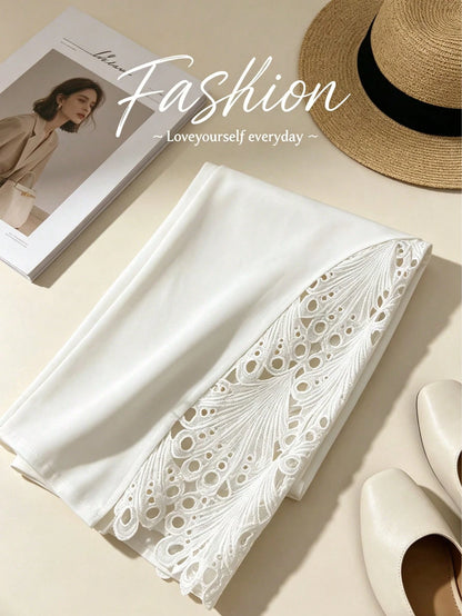 European And American Cross-Border Spring/Summer Versatile High-Waisted Lace Patchwork Flared Leg Pants, Pure White, Elegant