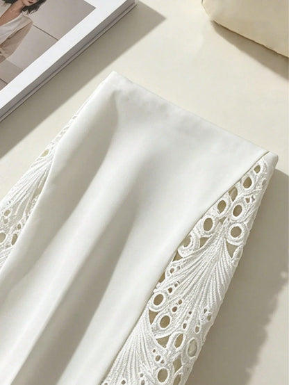 European And American Cross-Border Spring/Summer Versatile High-Waisted Lace Patchwork Flared Leg Pants, Pure White, Elegant