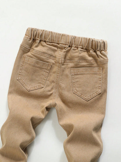 Explorewe Young Boy Elastic Waistband Drawstring All-Match Minimalist Versatile Comfortable Stretch Slim Fit Light Gray Jeans