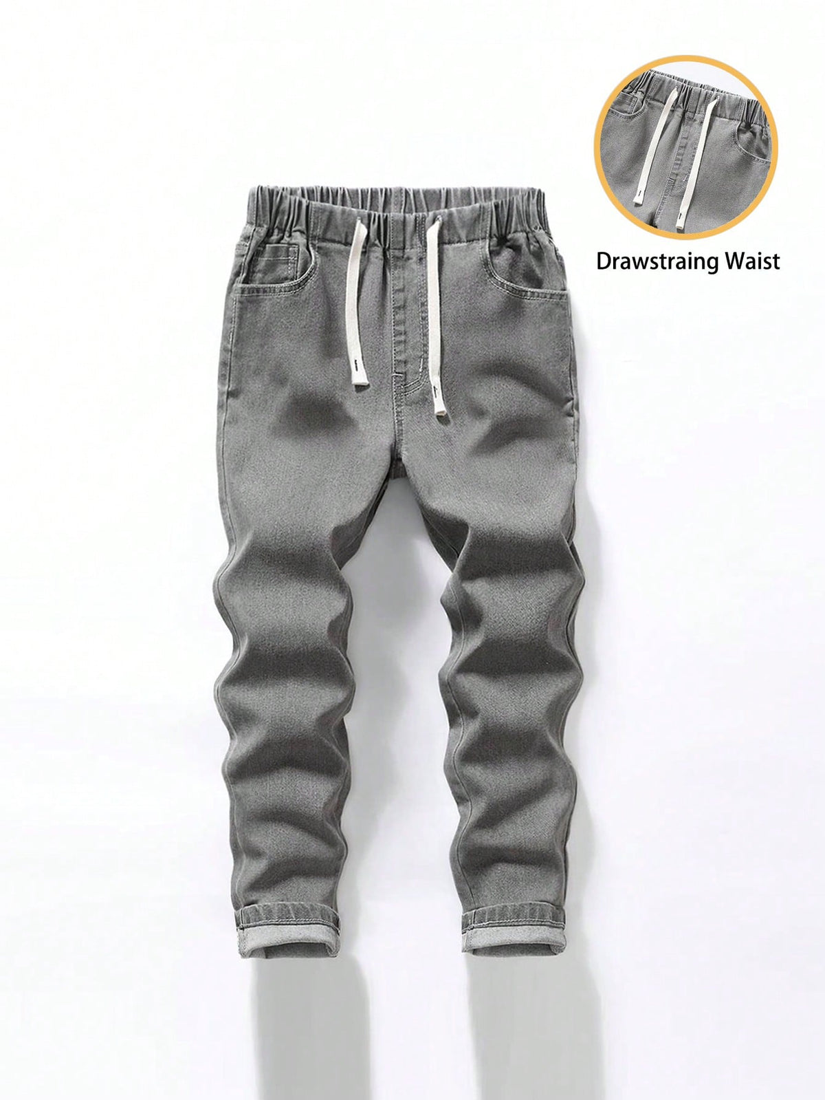 Explorewe Young Boy Elastic Waistband Drawstring All-Match Minimalist Versatile Comfortable Stretch Slim Fit Light Gray Jeans