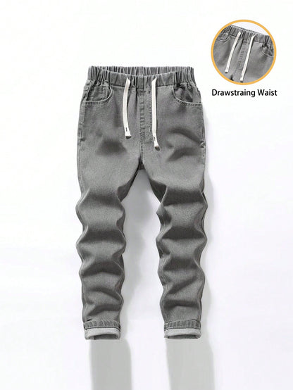 Explorewe Young Boy Elastic Waistband Drawstring All-Match Minimalist Versatile Comfortable Stretch Slim Fit Light Gray Jeans