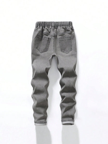 Explorewe Young Boy Elastic Waistband Drawstring All-Match Minimalist Versatile Comfortable Stretch Slim Fit Light Gray Jeans