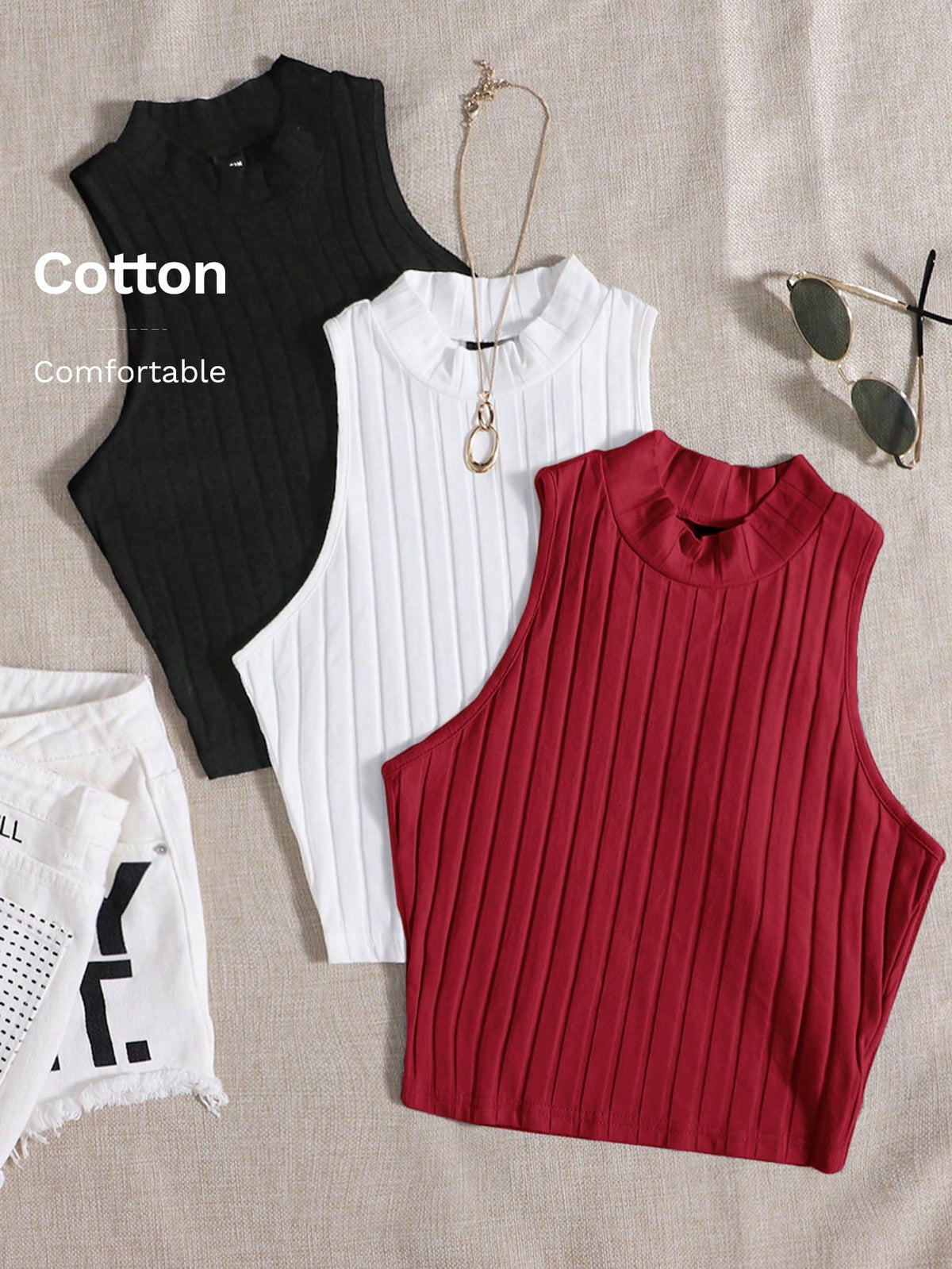 EZwear 3 Packs Mock Neck Rib-Knit Tank Top