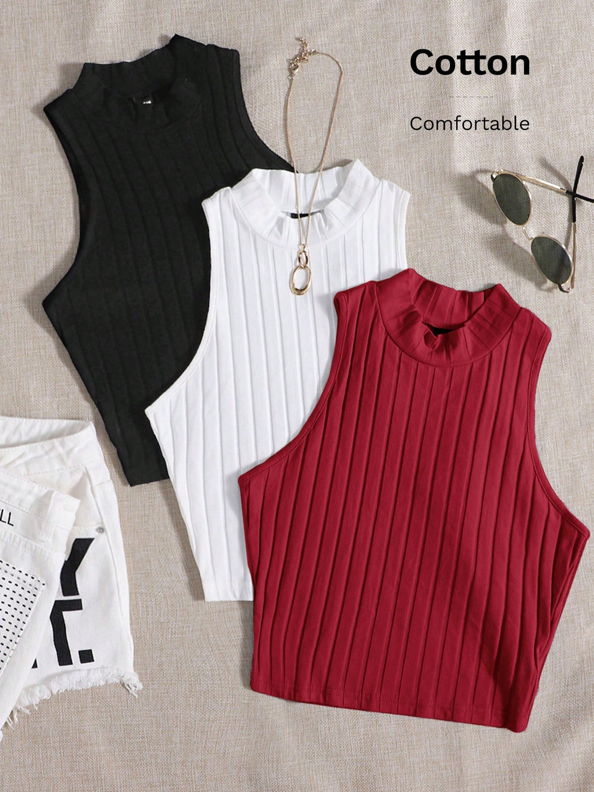 EZwear 3 Packs Mock Neck Rib-Knit Tank Top