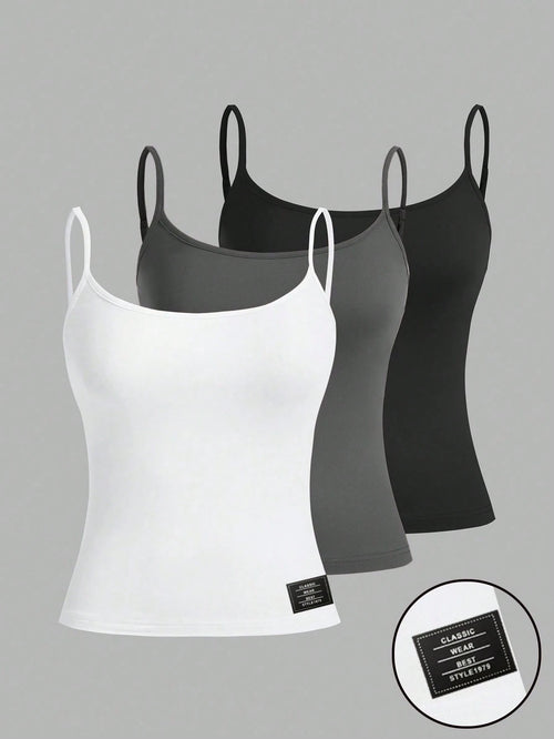 EZwear 3pcs Women Casual Camisole Top Set With Sticker Pattern, Versatile Slim Fit Tank Top For Summer
