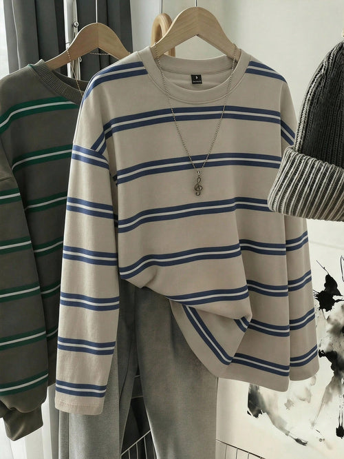 EZwear Women's Blue And White Stripe Pattern Round Neck T-Shirt,Casual Autumn Back-To-School Long Sleeve Top,Elegant Y2K Stylish Versatile School Outings