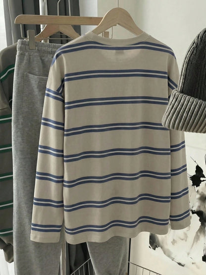 EZwear Women's Blue And White Stripe Pattern Round Neck T-Shirt,Casual Autumn Back-To-School Long Sleeve Top,Elegant Y2K Stylish Versatile School Outings