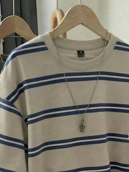EZwear Women's Blue And White Stripe Pattern Round Neck T-Shirt,Casual Autumn Back-To-School Long Sleeve Top,Elegant Y2K Stylish Versatile School Outings