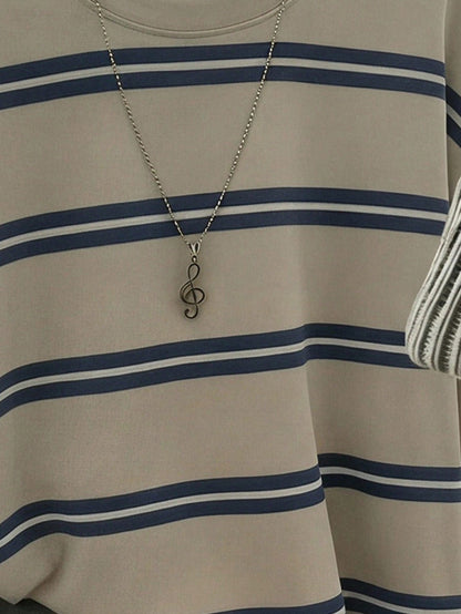 EZwear Women's Blue And White Stripe Pattern Round Neck T-Shirt,Casual Autumn Back-To-School Long Sleeve Top,Elegant Y2K Stylish Versatile School Outings