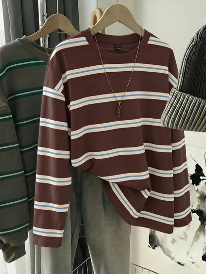 EZwear Women's Blue And White Stripe Pattern Round Neck T-Shirt,Casual Autumn Back-To-School Long Sleeve Top,Elegant Y2K Stylish Versatile School Outings
