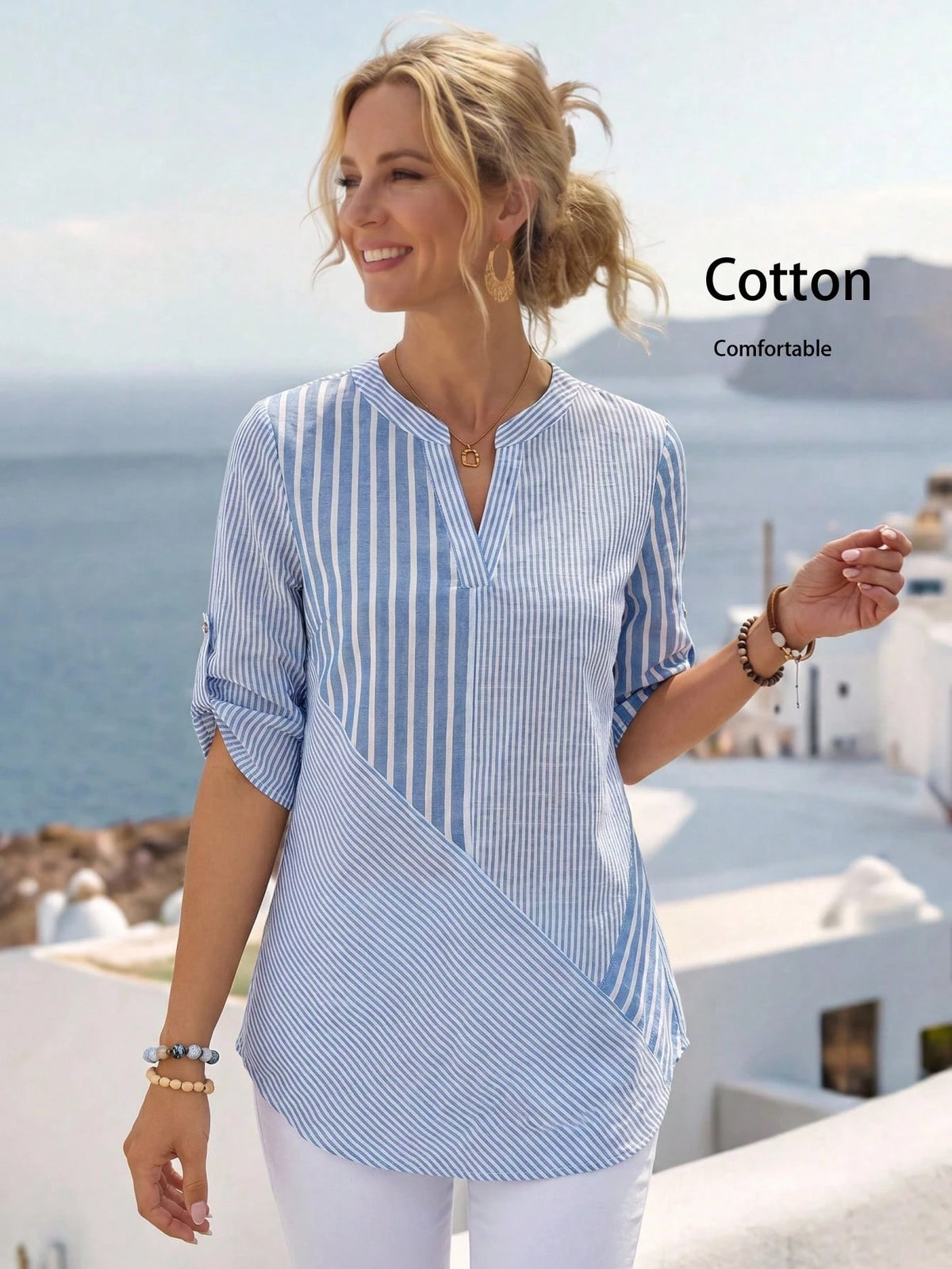 Faunlyn Women's V-Neck Striped Cuff Casual Loose Blouse