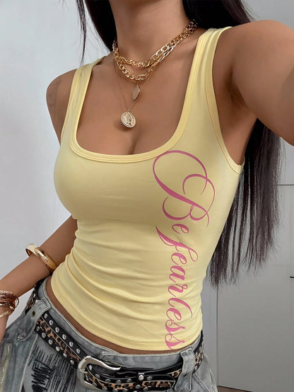 Fiercella Fiercella Women's Black Versatile Commuter U-Neck Silver English Letter Print Streetwear Fitted Sexy School Back To School Camisole Tank Top, Spring/Summer